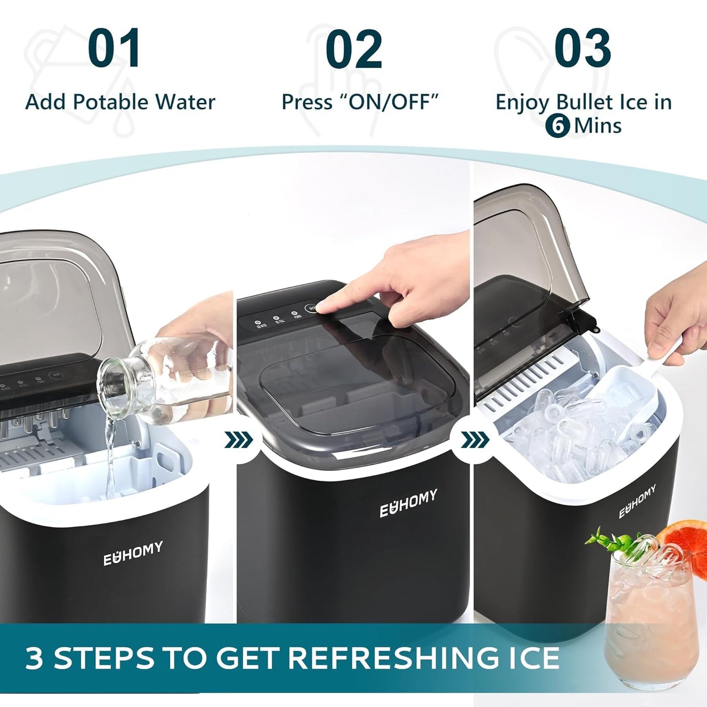 EUHOMY Countertop Ice Maker Machine with Handle, 26.4lbs Per Day, 9 Ice Cubes Ready in 6 Mins, Auto-Cleaning Portable Ice Maker with Basket and Scoop, for Home/Kitchen/Camping/RV (Black)