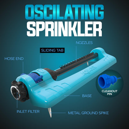 Aqua Joe Oscillating Sprinkler with Metal Ground Spike, Adjustable Spray Position Irrigator for 3400 Sq Ft Coverage Compatible with Garden Hoses