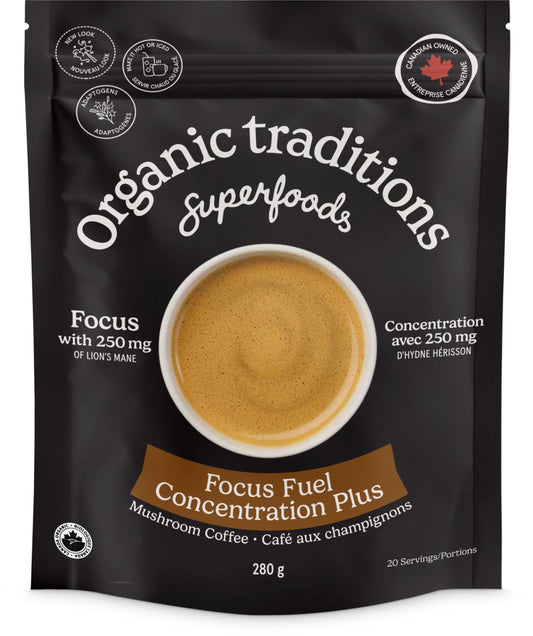 Organic Traditions Focus Fuel Mushroom Coffee – Lion's Mane, MCT Oil & Adaptogens, Dairy-Free Instant Blend, 280g
