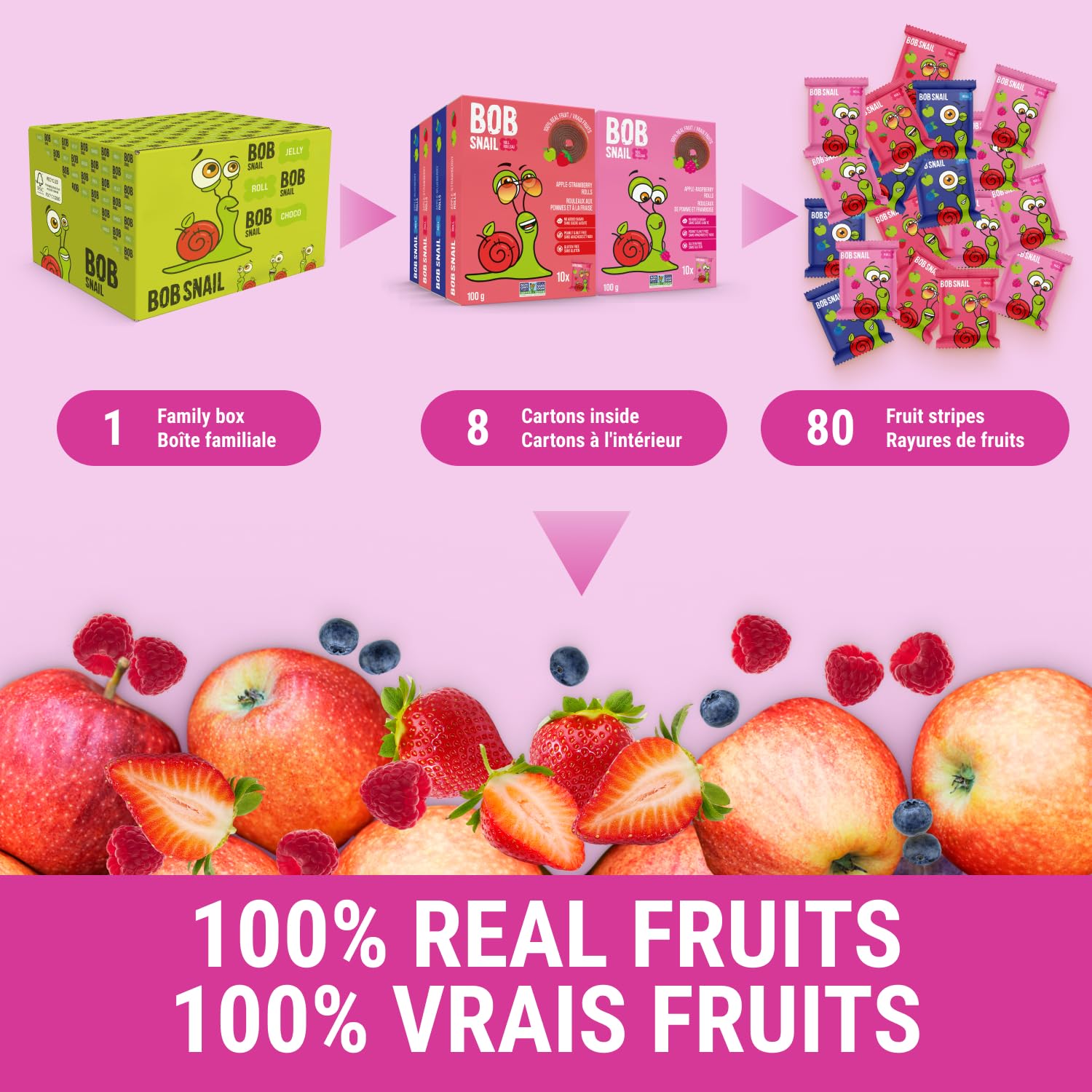 Bob Snail Fruit Roll Ups – Real Fruit Snacks, No Added Sugar, Vegan & Nut Free, 80 Pack Bulk Box (800g)