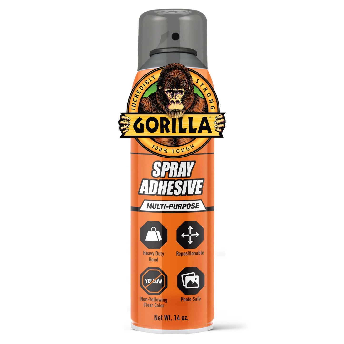 Gorilla Spray Adhesive, Heavy Duty, Multi-Purpose, Dries Permanent, Indoor & Outdoor, Wide Pad Nozzle, Controlled Spray, Clear, 14oz/396g, (Pack of 1)