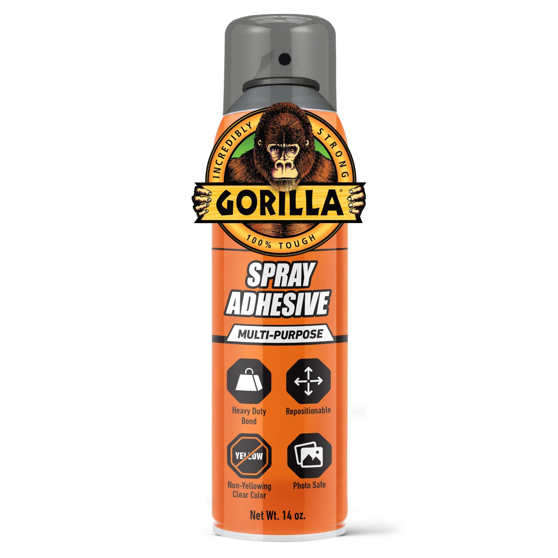 Gorilla Spray Adhesive, Heavy Duty, Multi-Purpose, Dries Permanent, Indoor & Outdoor, Wide Pad Nozzle, Controlled Spray, Clear, 14oz/396g, (Pack of 1)