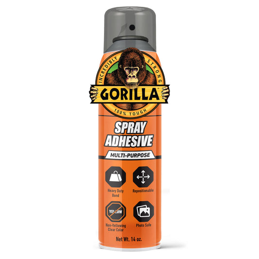 Gorilla Spray Adhesive, Heavy Duty, Multi-Purpose, Dries Permanent, Indoor & Outdoor, Wide Pad Nozzle, Controlled Spray, Clear, 14oz/396g, (Pack of 1)
