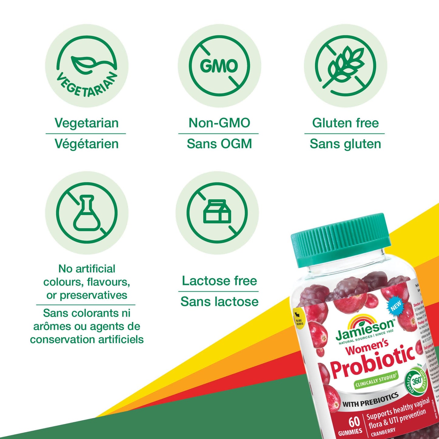 Jamieson Women's Probiotic Gummy with Cranberry and Prebiotics, 60 Gummies. Supports a Healthy Vaginal Flora and Digestive Health, Protects against UTIs. Cranberry Flavoured - Available at All In One Marketplace Canada