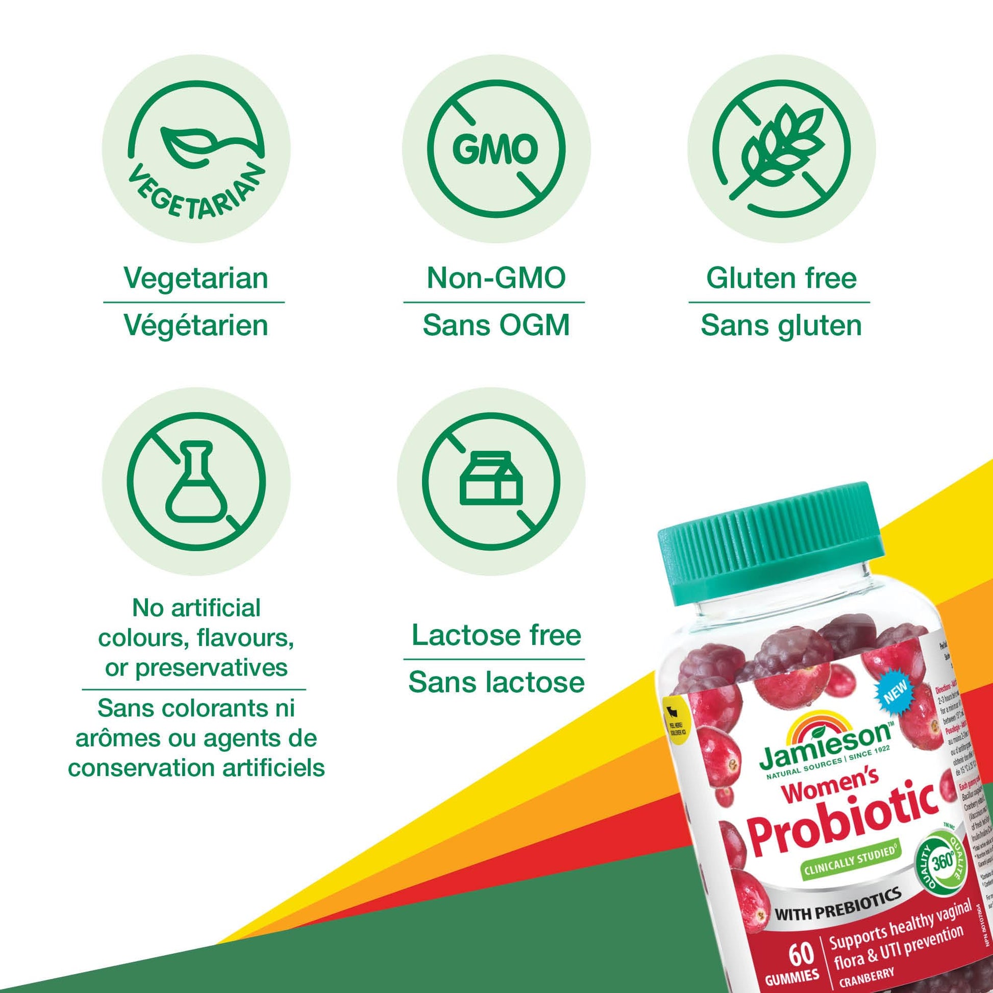 Jamieson Women's Probiotic Gummy with Cranberry and Prebiotics, 60 Gummies. Supports a Healthy Vaginal Flora and Digestive Health, Protects against UTIs. Cranberry Flavoured - Available at All In One Marketplace Canada