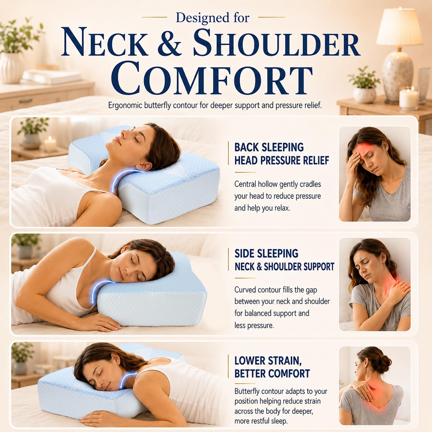 Mkicesky Orthopedic Memory Foam Pillow for Neck Pain, Cervical Neck Support Pillow for Side Back & Stomach Sleepers, Ergonomic Contour Bed Pillow with Cooling Washable Cover - Reading Pillow