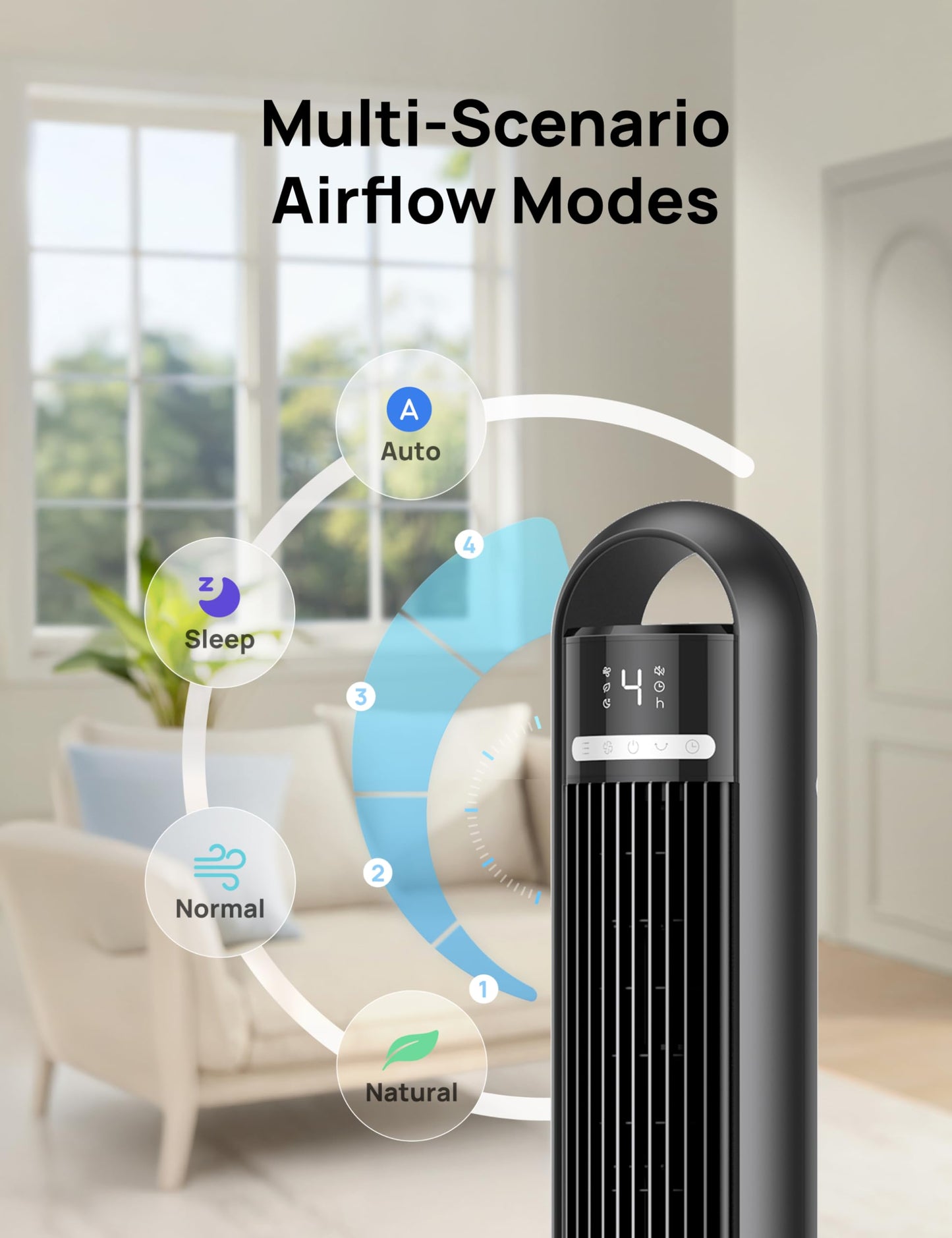 DREO Smart Tower Fan for Bedroom, 90° Oscillating Standing Fans for Room with 4 Speeds, 4 Modes, 25dB Quiet for Sleep, 25ft/s Velocity, 8H Timer, Remote/App/Voice Control for Living Room, Office, Home