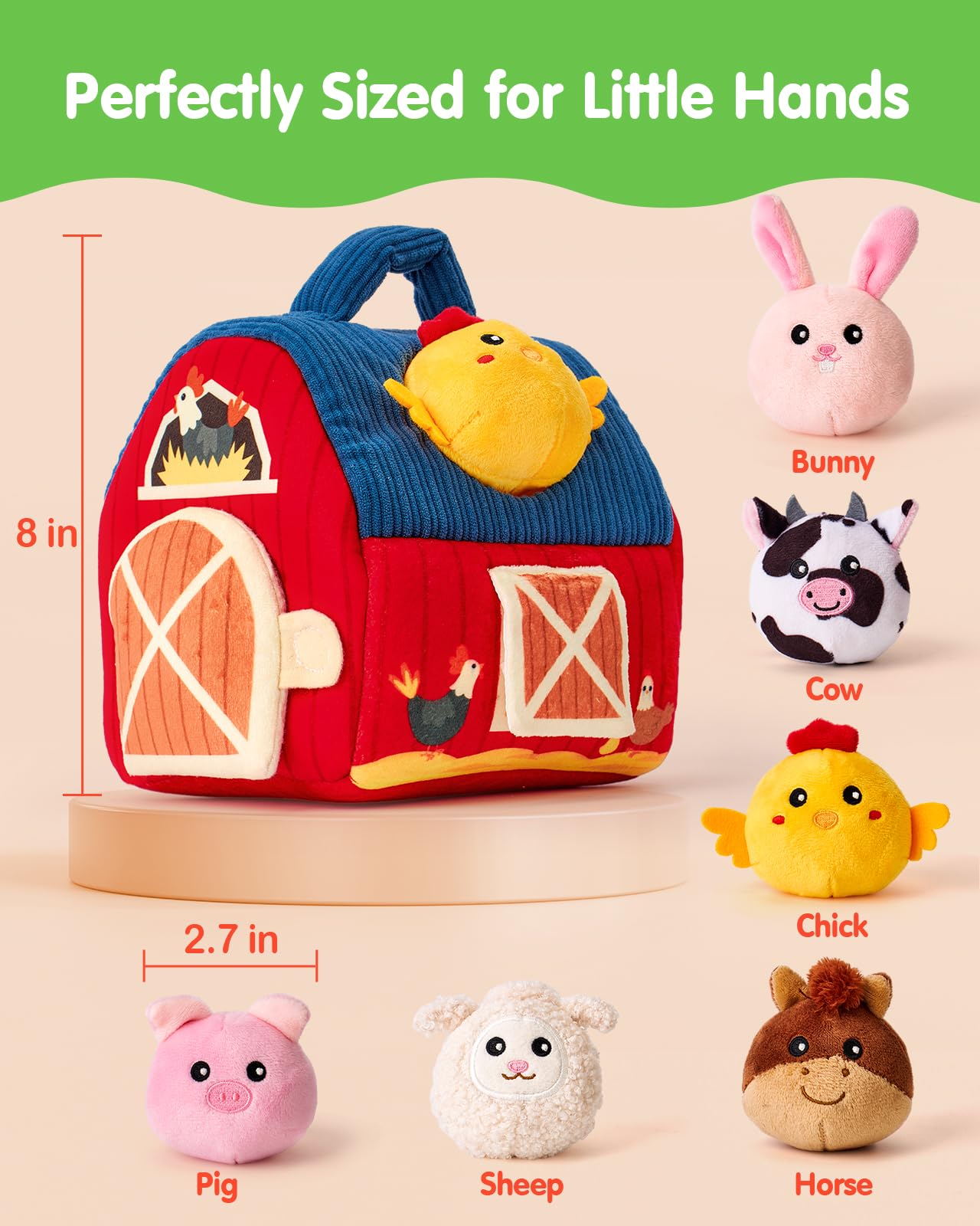hahaland Montessori Baby Toys 6-12 Months - Surprise Barn with Stuffed Farm Animals Toys for Babies with Rattle & Mirror, Sensory Toys for Babies Boy Girl, Travel Toys for Toddlers 1-3 - Available at All In One Marketplace Canada