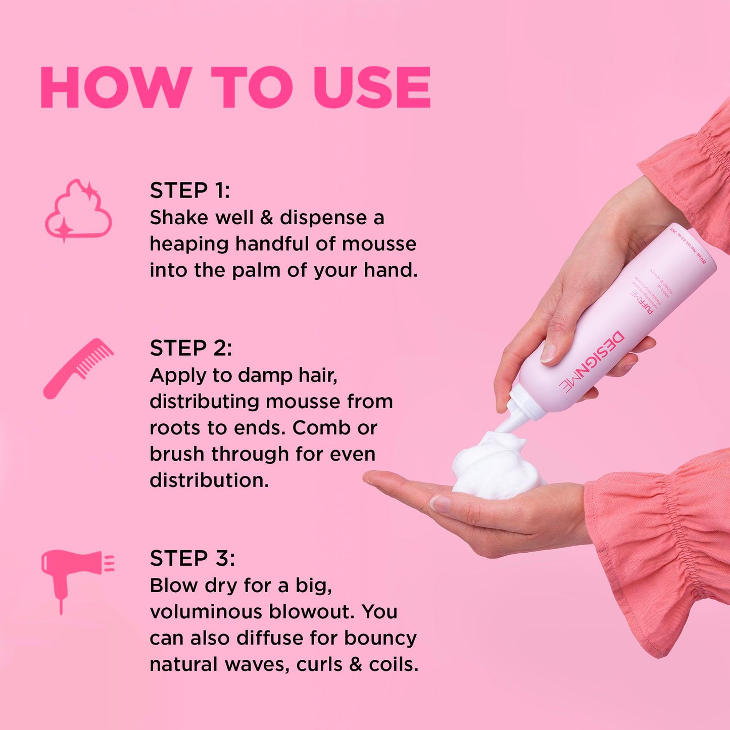 DESIGNME PUFF.ME Hair Mousse | Volumizing Mousse, Flexible Hold, Adds Body & Bounce | Heat Protection | Without Paraben, Sulfate & Alchohol | Volumizer for Fine Hair | Color Safe - Available at All In One Marketplace Canada