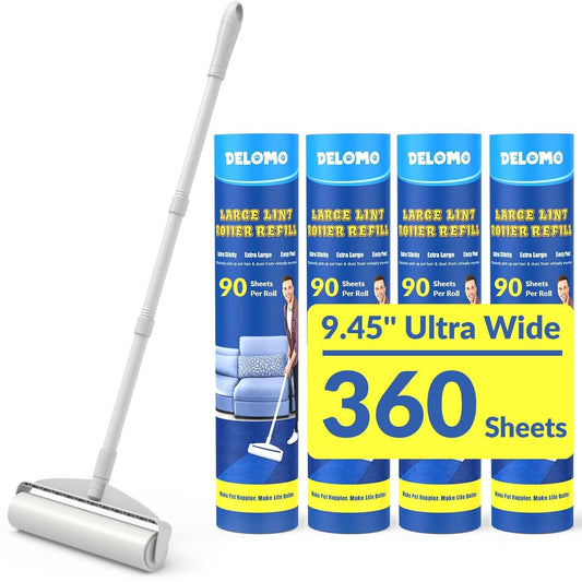 Large Lint Rollers for Carpet, Sticky Rollers for Floor DELOMO 9.45 in with 3 Extendable Handle, Long Handle Sticky Mop for Cleaning Carpets, Cars, Bedding, and Pet Hair, Ideal Gift for Pet Owners - Available at All In One Marketplace Canada