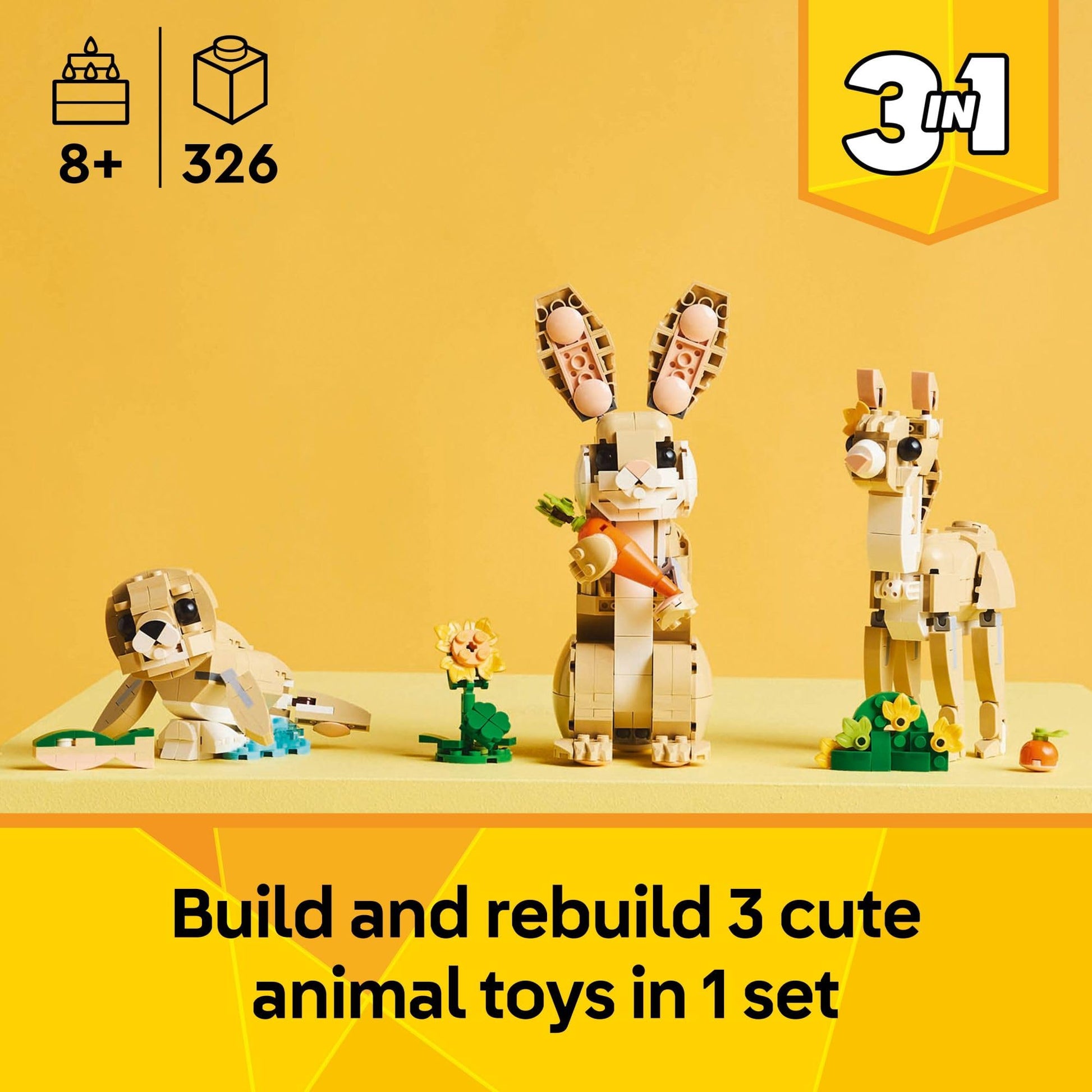 LEGO Creator 3 in 1 Cute Bunny Toy - Building Toy for Girls and Boys, Ages 8+ - Gift for Birthdays - W/ 3 Build Options, Bunny, Seal, or Llama - 31162 - Available at All In One Marketplace Canada