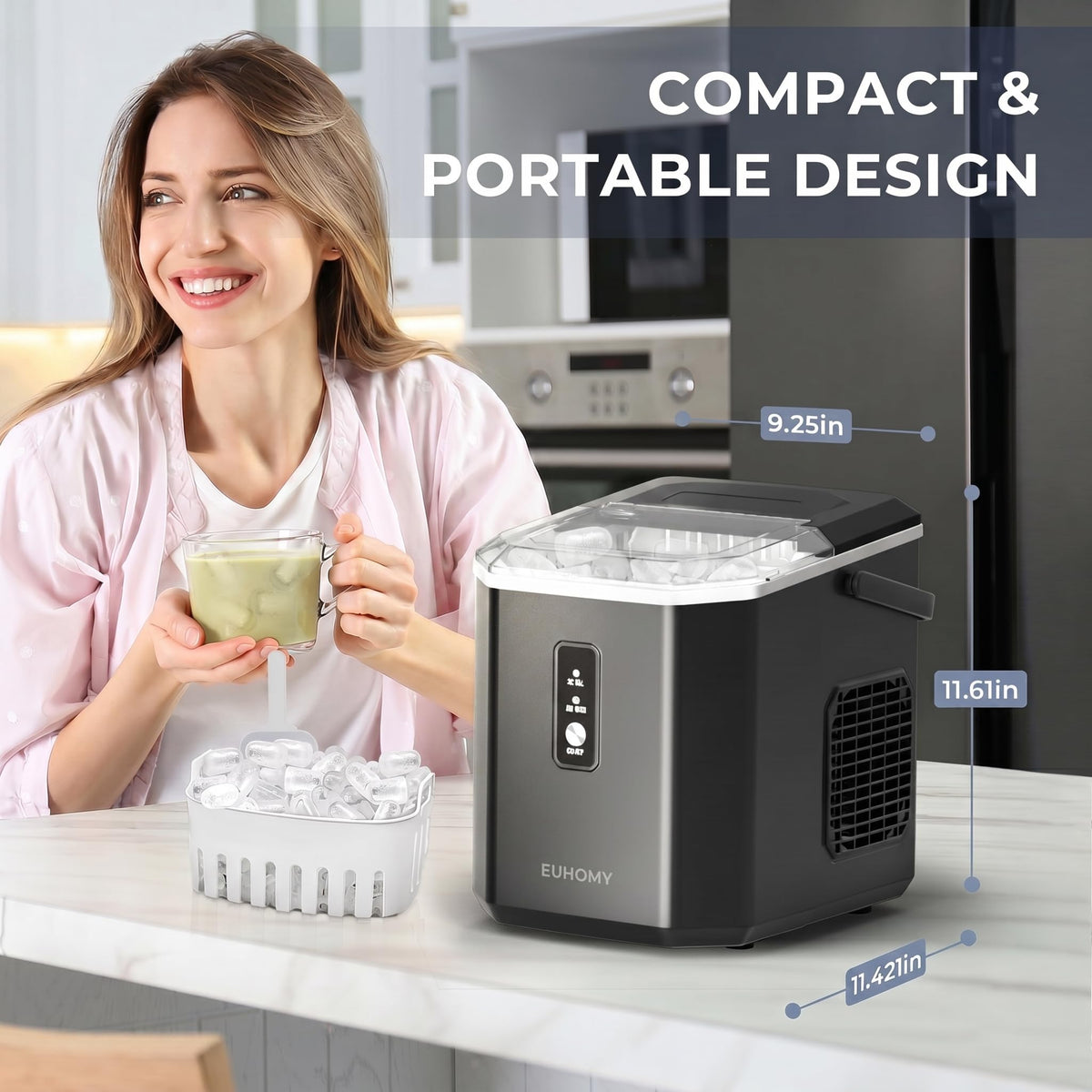 Euhomy Portable Countertop Ice Maker - 9 Cubes in 6 Mins, 26lbs/Day, Self-Cleaning with Ice Scoop & Basket, Compact for Home/Kitchen/Office/RV (Black)