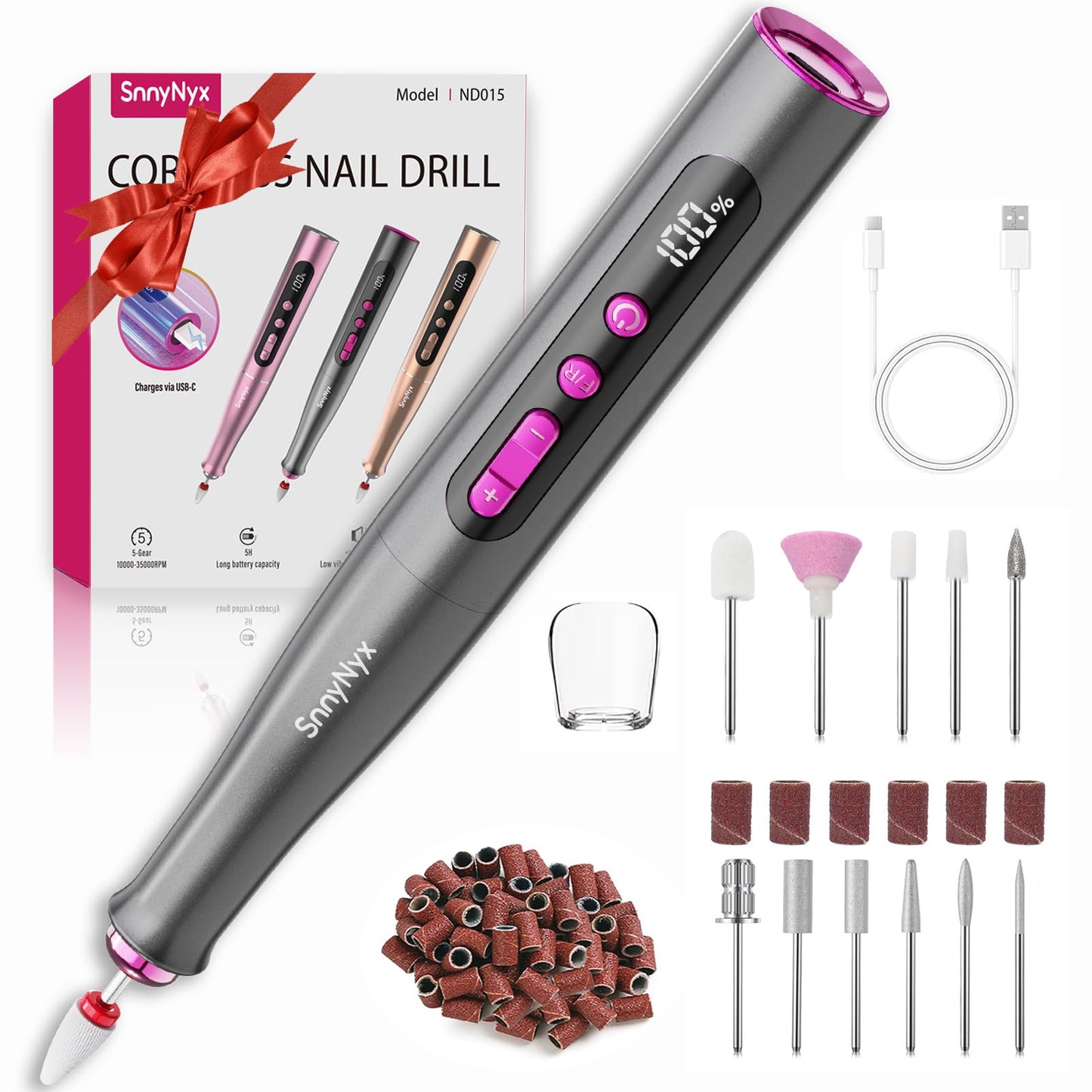 SnnyNyx Cordless Electric Nail Drill 35000 RPM, Professional Portable Nail File for Acrylic Nails & Gel Polish Removal, Low Vibration & Heat E-file with 11 Drill Bits, Salon-Quality Manicure Pedicure Kit (Matte Gray) - Available at All In One Marketplace Canada