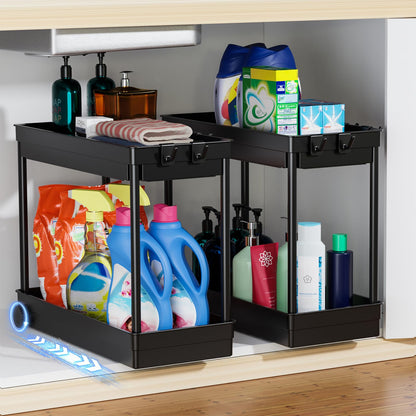 Cicilyna 2 Pack Under Sink Organizer, 2 Tier Bathroom Cabinet Organizers and Storage with Hook, Multi-purpose Storage Basket Shelf for Kitchen, Black - Available at All In One Marketplace Canada