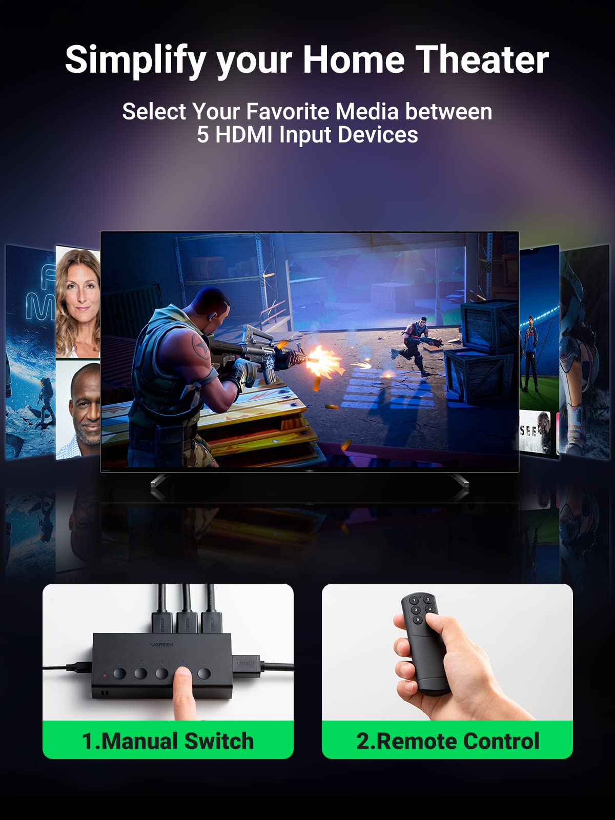 UGREEN HDMI Switch 5 in 1 Out 4K@60Hz, HDMI 2.0 Switcher 5 Port with IR Remote Selector Box 4K HDR 3D Dolby Vision Atmos CEC HDCP2.2, Compatible with PS5 4 3 Xbox Switch TV Black