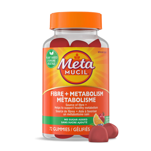 Metamucil, Fibre + Metabolism Gummy Supplement for Digestive Health, Plant Based, No Sugar Added, Citrus Berry Flavored, 72 Gummies
