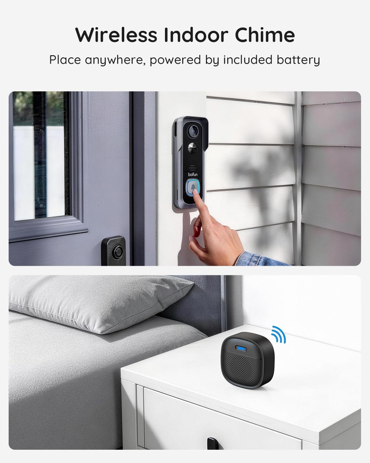 BOIFUN Video Doorbell Camera Wireless – No Subscription Required, 2K HD, 166° Wide View, HDR Night Vision, Motion Alerts, Two-Way Audio & Package Watch with Chime, Battery Powered, 2.4 GHz Wi-Fi Only - Available at All In One Marketplace Canada