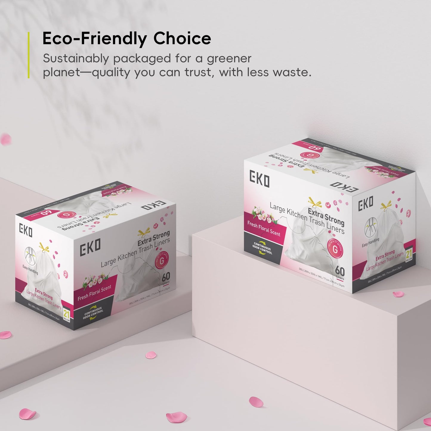 EKO Extra Strong 21 Gallon Large Trash Bags, Heavy-Duty Drawstring Kitchen & Household Garbage Bags (80L), Leak-Resistant, Fresh Floral Scent, Continuous Odor Control, 60 Count, Code G EKO
