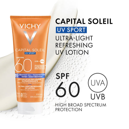 Vichy Water Resistant Sport Sunscreen, Ideal Soleil Sport SPF 60 Ultra Light Sunscreen Lotion for Face and Body, with Broad Spectrum SPF 60 and Mexoryl, 200mL VICHY