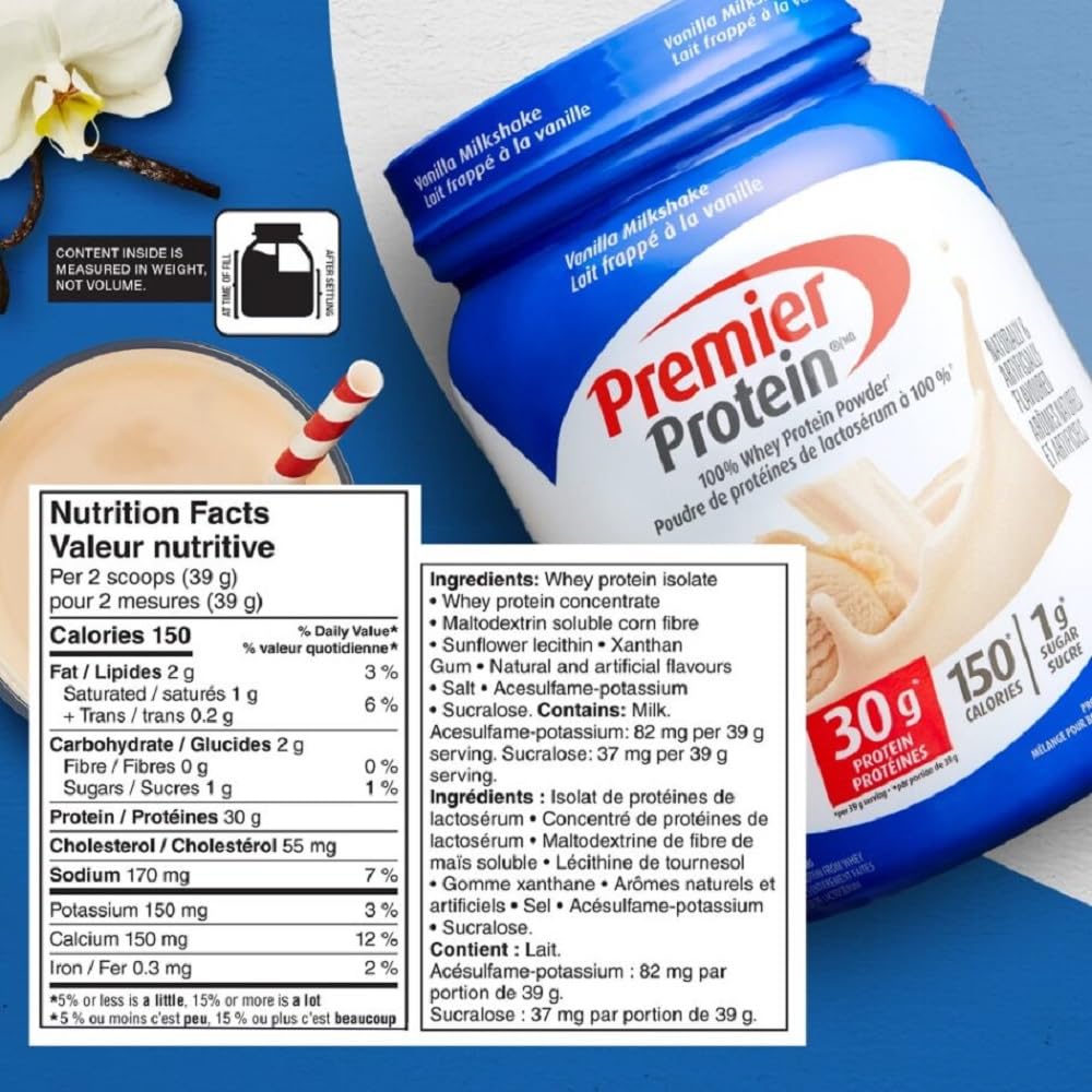 Premier Protein Powder, Vanilla Milkshake, High Protein Powder, 30g of Protein, 1g Sugar, 100% Whey Protein, Keto Friendly, Gluten Free, 17 Servings, 663 Grams