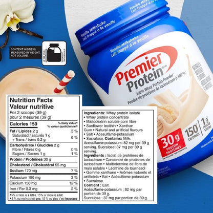 Premier Protein Powder, Vanilla Milkshake, High Protein Powder, 30g of Protein, 1g Sugar, 100% Whey Protein, Keto Friendly, Gluten Free, 17 Servings, 663 Grams