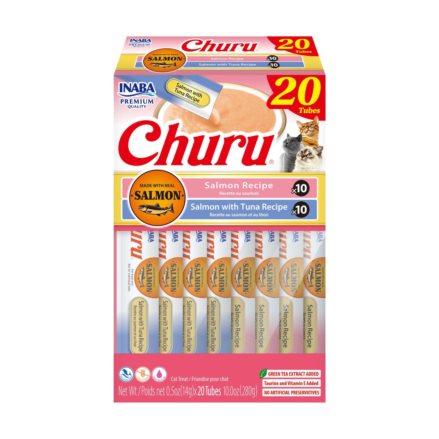 INABA Salmon Churu Cat Treats, Lickable, Squeezable Creamy Purée Cat Treat with Green Tea Extract & Taurine, 14 Grams Each Tube, 20 Tubes, Salmon & Tuna Variety Box - Available at All In One Marketplace Canada