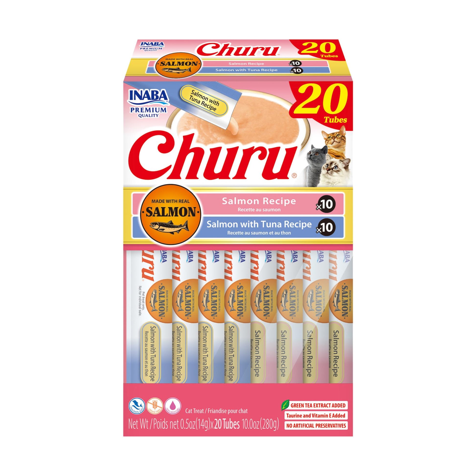 INABA Salmon Churu Cat Treats, Lickable, Squeezable Creamy Purée Cat Treat with Green Tea Extract & Taurine, 14 Grams Each Tube, 20 Tubes, Salmon & Tuna Variety Box - Available at All In One Marketplace Canada