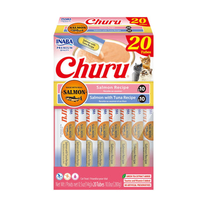 INABA Salmon Churu Cat Treats, Lickable, Squeezable Creamy Purée Cat Treat with Green Tea Extract & Taurine, 14 Grams Each Tube, 20 Tubes, Salmon & Tuna Variety Box - Available at All In One Marketplace Canada