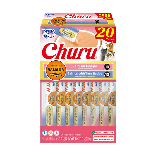 INABA Salmon Churu Cat Treats, Lickable, Squeezable Creamy Purée Cat Treat with Green Tea Extract & Taurine, 14 Grams Each Tube, 20 Tubes, Salmon & Tuna Variety Box - Available at All In One Marketplace Canada