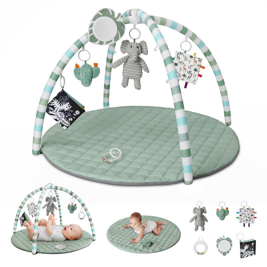 Baby Play Gym Mat, Tummy Time Activity Mat with 6 Detachable Toys for Stage-Based Sensory and Motor Skill Development, Washable Play Mats for Infant, Newborn Baby Essentials, Sage Green