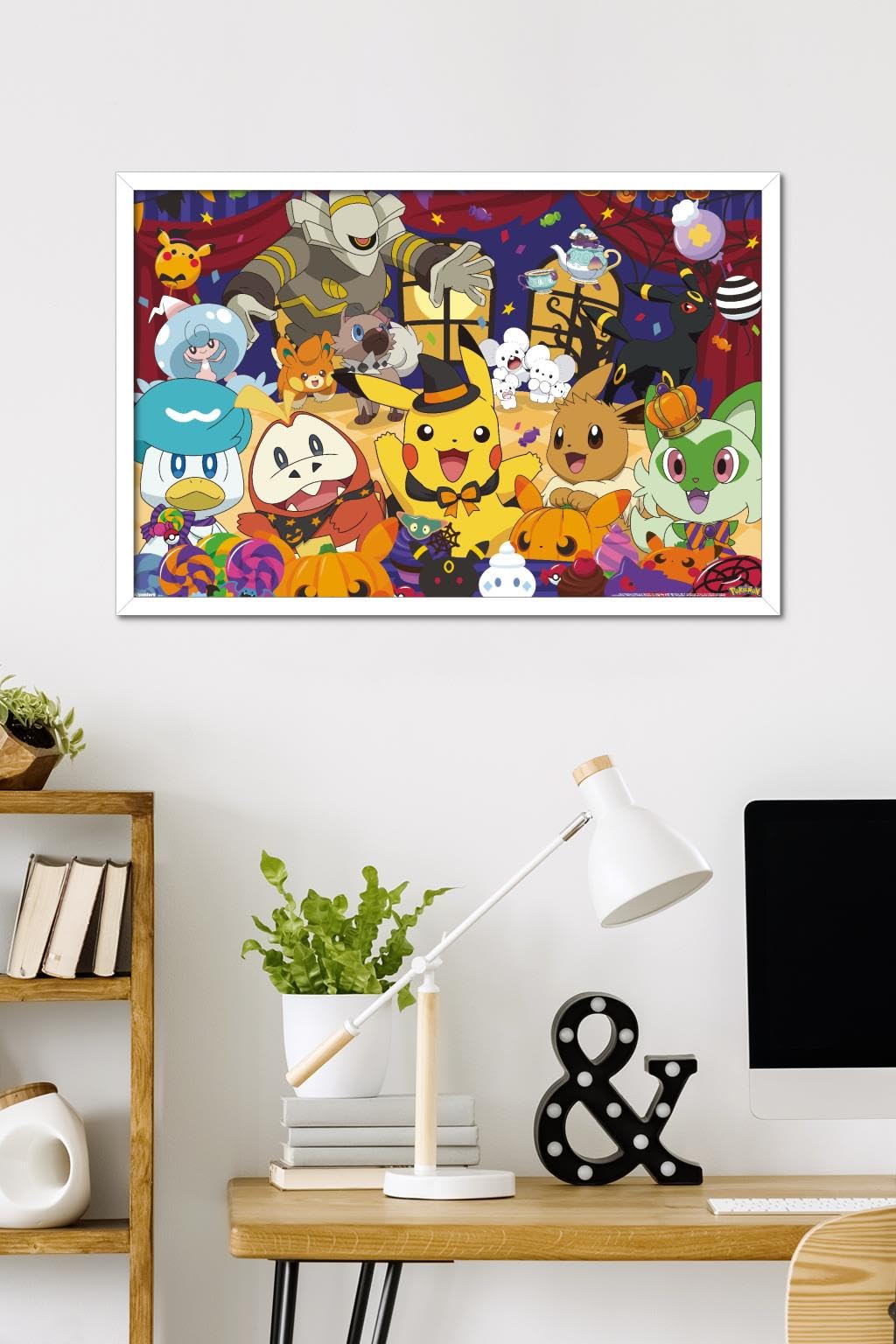 Pokémon: Halloween Party- Group Wall Poster, 34L" x 22.4W", White Framed Version