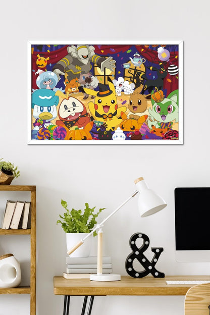 Pokémon: Halloween Party- Group Wall Poster, 34L" x 22.4W", White Framed Version