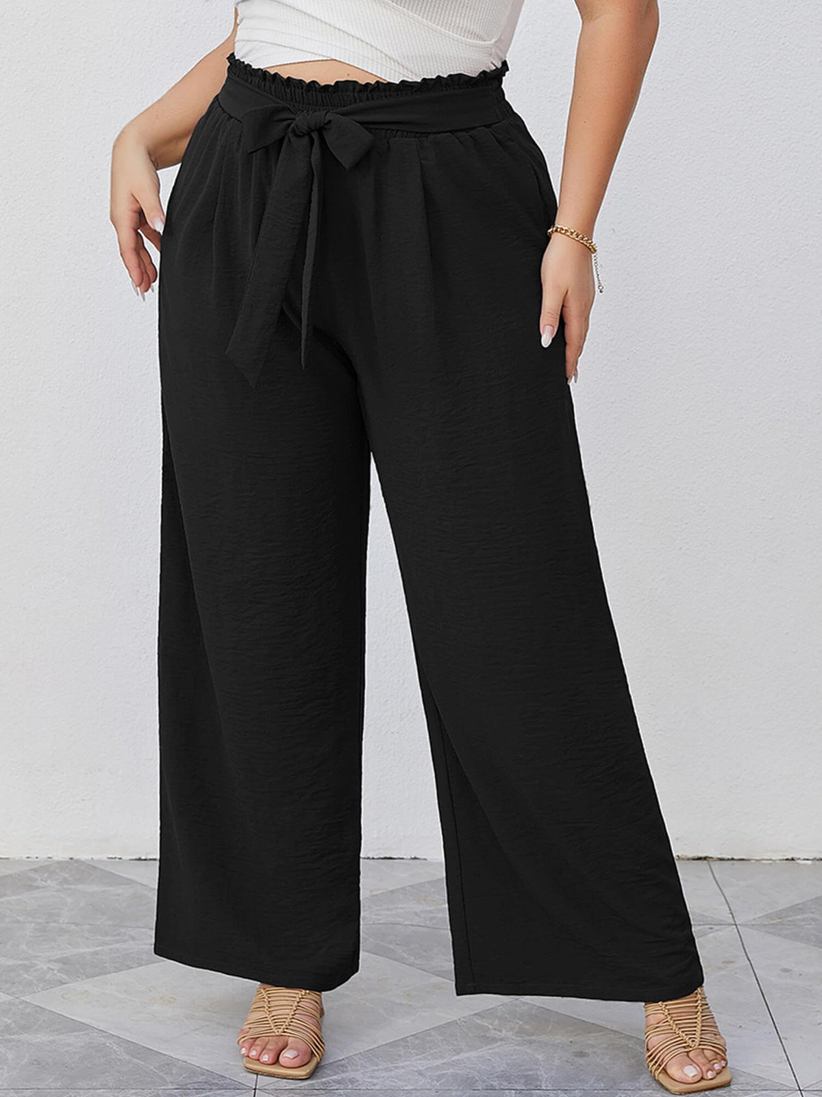 AusLook Plus Size Wide Leg Pants for Women High Waisted Lightweiht Palazzo Black 2X Pants Adjustable Tie Knot Paperbag Dressy Loose Comfy Business Casual Work Flowy Holiday Trousers with Pockets 🍁 All In One Marketplace Canada