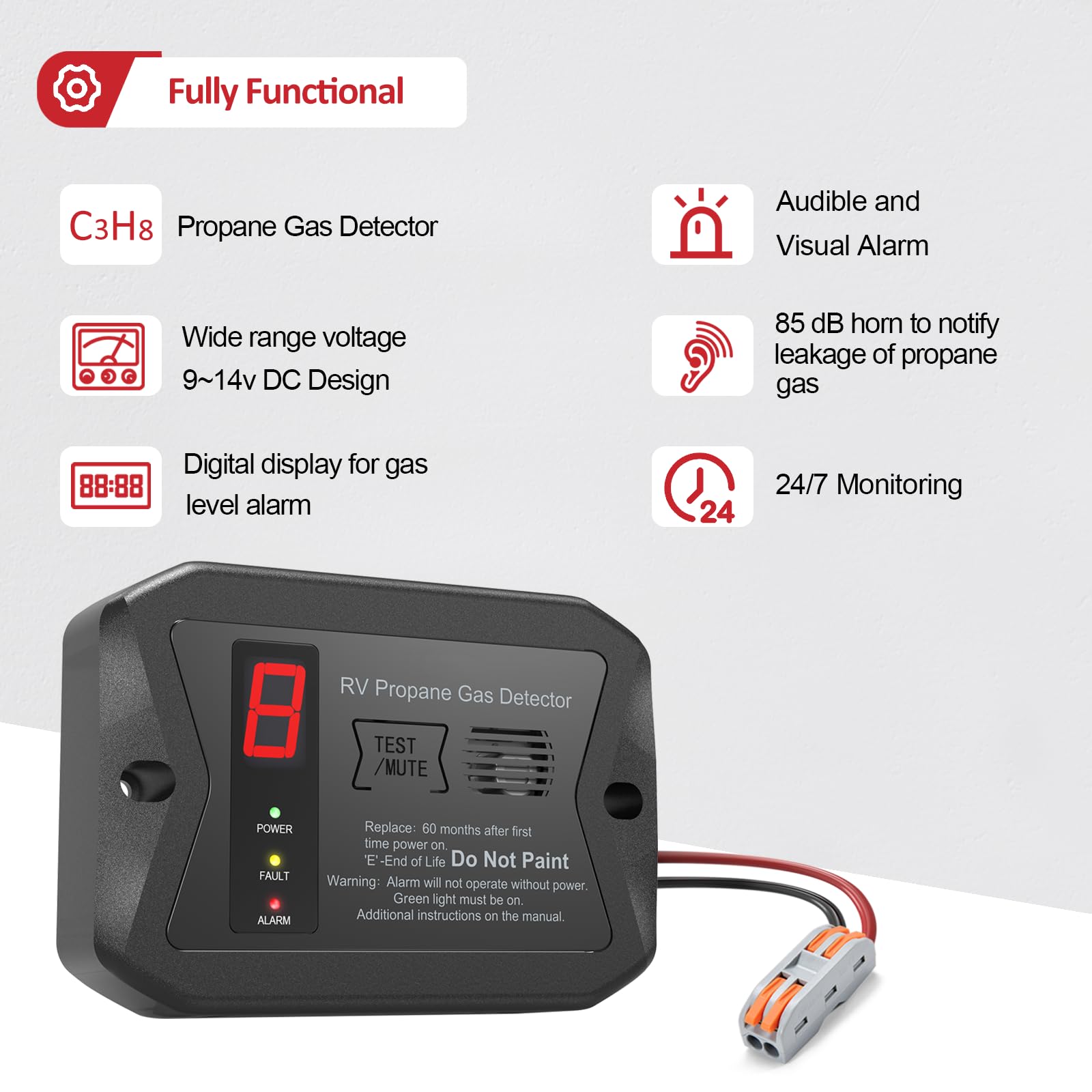 RV Propane Gas Detector, Digital Propane/LP Gas Alarm-12V DC for Motorhome Travel Trailer, Motor Coach, Truck Camper, (R501 Black) - Available at All In One Marketplace Canada