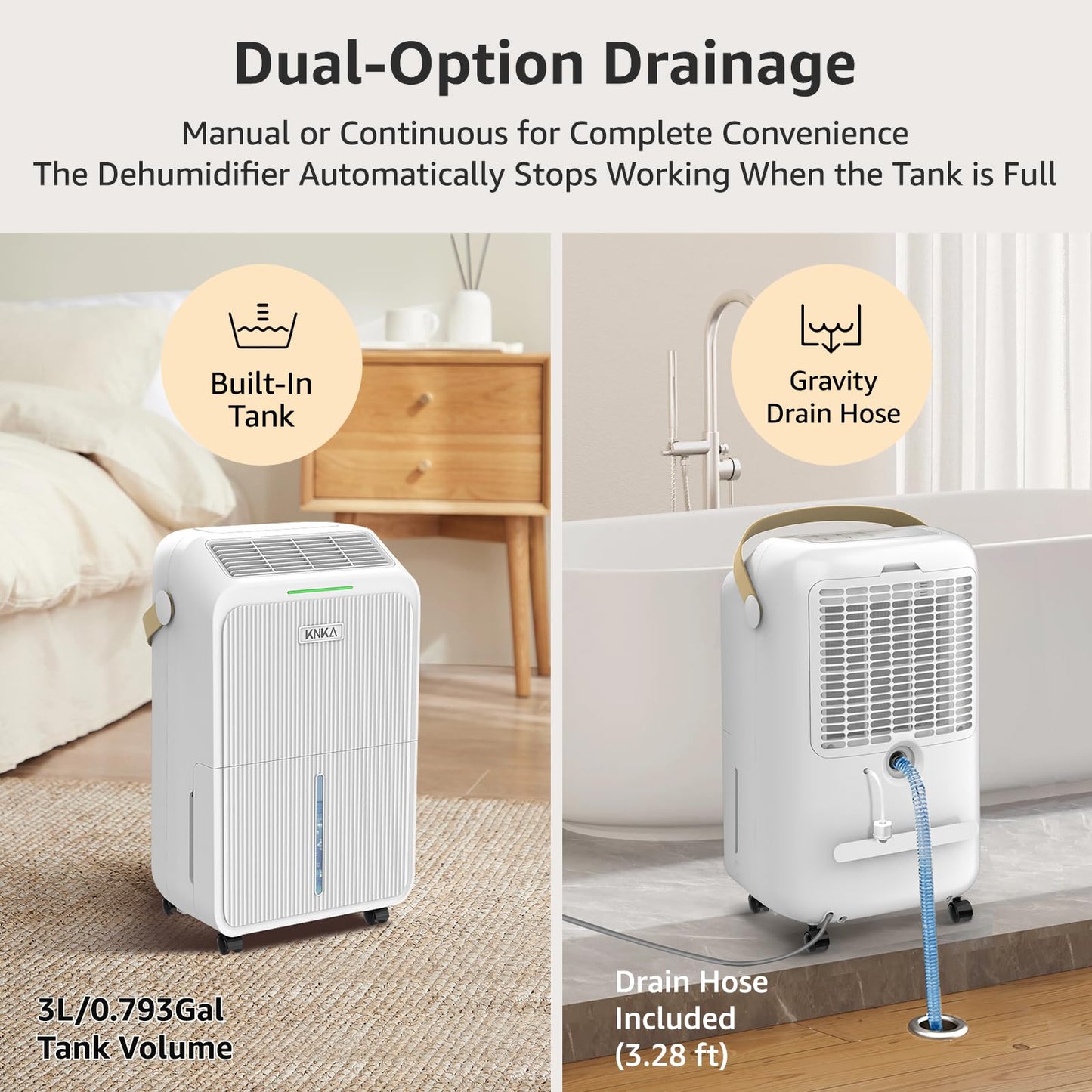 Dehumidifier for Basement with Drain Hose Max 34 Pints, KNKA 2500 Sq.Ft Dehumidifiers for Home, Large Room, Bathroom, Three Operation Modes, Intelligent Humidity Control, Dry Clothes, 24HR Timer