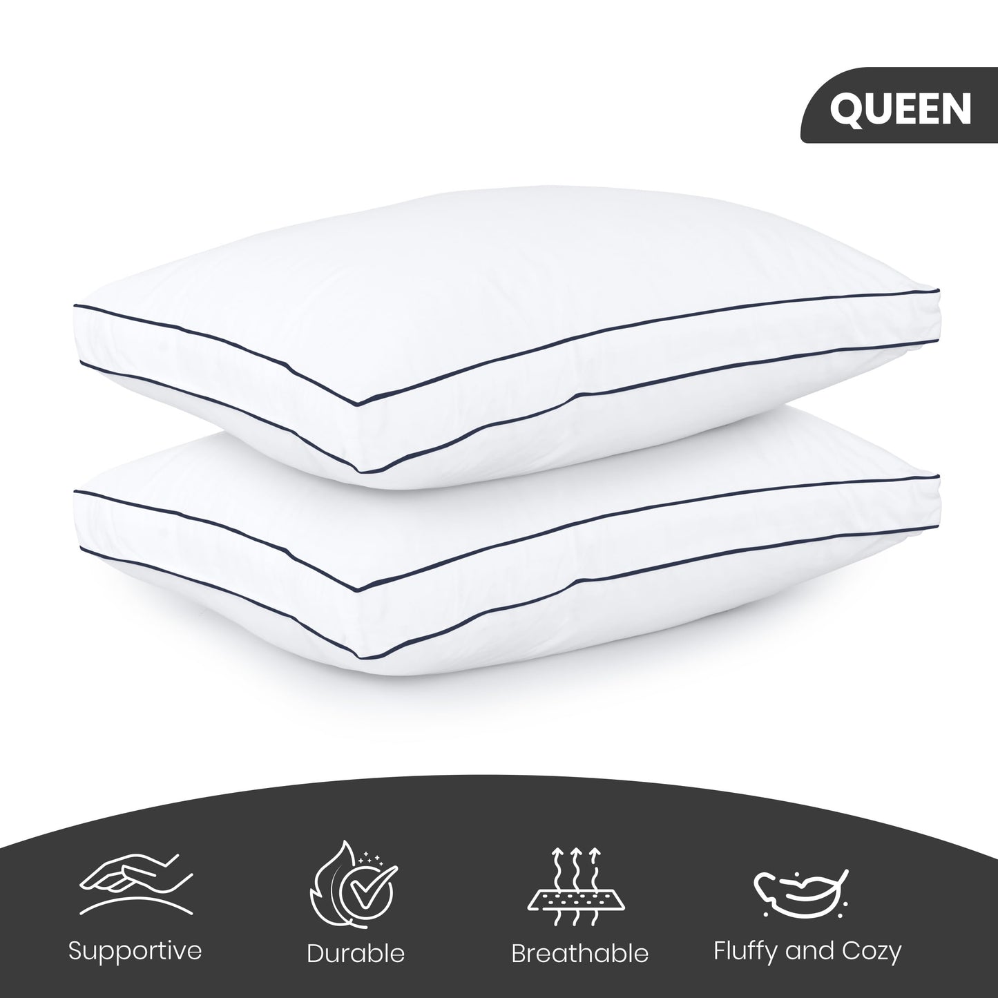 Utopia Bedding Bed Pillows for Sleeping Queen Size (Navy Hem), Set of 2, Cooling Hotel Quality, Gusseted Pillow for Back, Stomach or Side Sleepers
