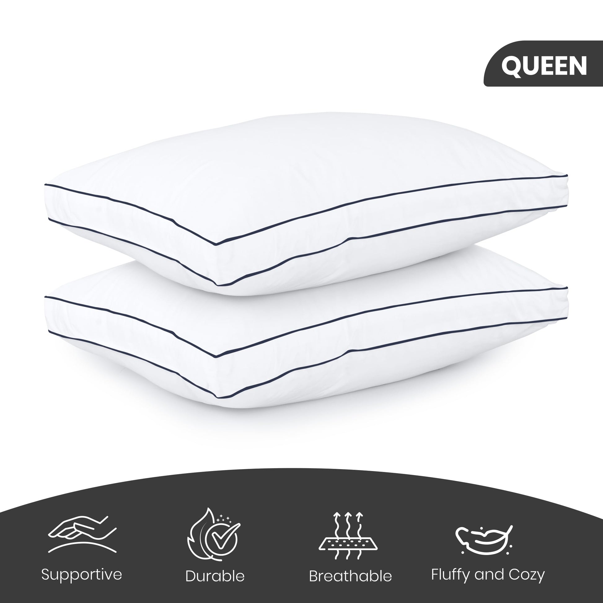 Utopia Bedding Bed Pillows for Sleeping Queen Size (Navy Hem), Set of 2, Cooling Hotel Quality, Gusseted Pillow for Back, Stomach or Side Sleepers