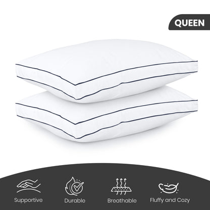Utopia Bedding Bed Pillows for Sleeping Queen Size (Navy Hem), Set of 2, Cooling Hotel Quality, Gusseted Pillow for Back, Stomach or Side Sleepers