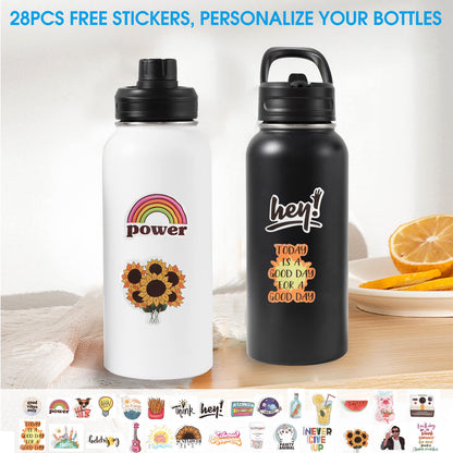 Insulated Water Bottle, 32oz Vacuum Stainless Steel Metal Sports Water Bottles with Stickers, Straw & Spout Lid (2 Lids), Double Walled to Keeps Hot and Cold, Leak Proof, BPA-Free, 32oz (Black) - Available at All In One Marketplace Canada
