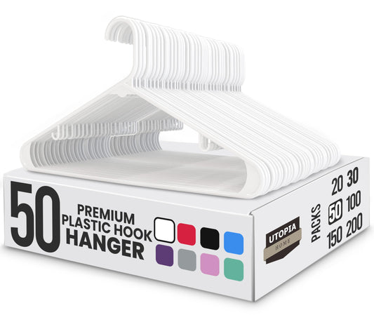 Utopia Home Plastic Hanger, 50 Pack, White Clothes Hangers with Hooks, Durable Heavy Duty Coat Hangers for Shirts, Pants, Skirts, Jackets, Blouses, Dresses, and Everyday Closet Organization - Available at All In One Marketplace Canada