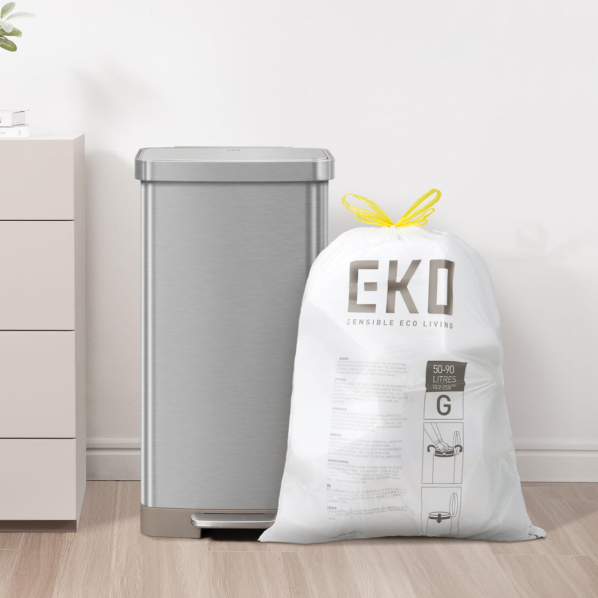 EKO Extra Strong 21 Gallon Large Trash Bags, Heavy-Duty Drawstring Kitchen & Household Garbage Bags (80L), Leak-Resistant, 110 Count, Code G
