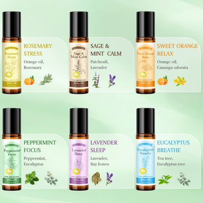 Roll On Essential Oils Set for Relax Focus Refresh, Aromatherapy Oils Gift Set, Removable Roller, Fragrance Oil Scented Oil for Diffuser Self Care Home, 6x 10M(Eucalyptus, Lavender, Orange, Peppermint, Rosemary, Mint), Gifts for Women and Men