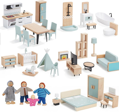 Giant bean 36pcs Wooden Dollhouse Furniture Set 5 Rooms 4 Family Dolls 🍁 All In One Marketplace Canada
