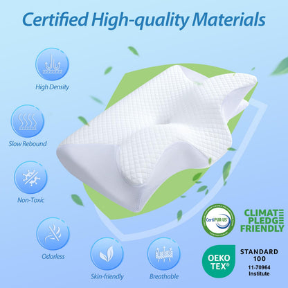 HOMCA Memory Foam Pillow, 2 in 1 Cervical Pillow for Neck Pain Relief, Ergonomic Neck Support Pillows for Side Back Stomach Sleepers with Breathable Pillowcase(White)