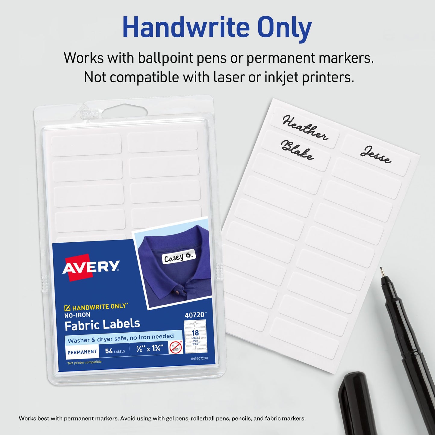 AVERY No Iron Clothing Labels, Washer & Dryer Safe, Writable Fabric Labels, 54 Labels, 1 Pack (40720), White, 1/2"x1-3/4" Avery