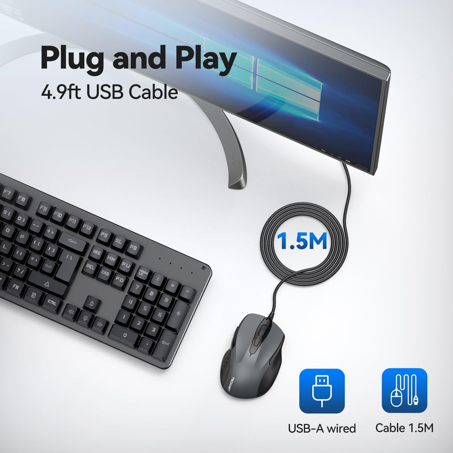 TECKNET USB Wired Mouse, 6-Button Corded Computer Mouse with 4 Adjustable DPI, Optical Computer Mice with Ergonomic Design and 5FT Cord for Laptop, Chromebook, PC, Desktop, Mac, Notebook-Gray