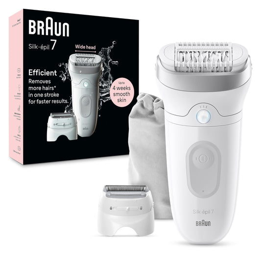 Braun Silk-épil 7 Epilator, Wet and Dry, Wide Head, Includes Shaver Head and Trimmer Comb, SE7-041, Silver - Available at All In One Marketplace Canada