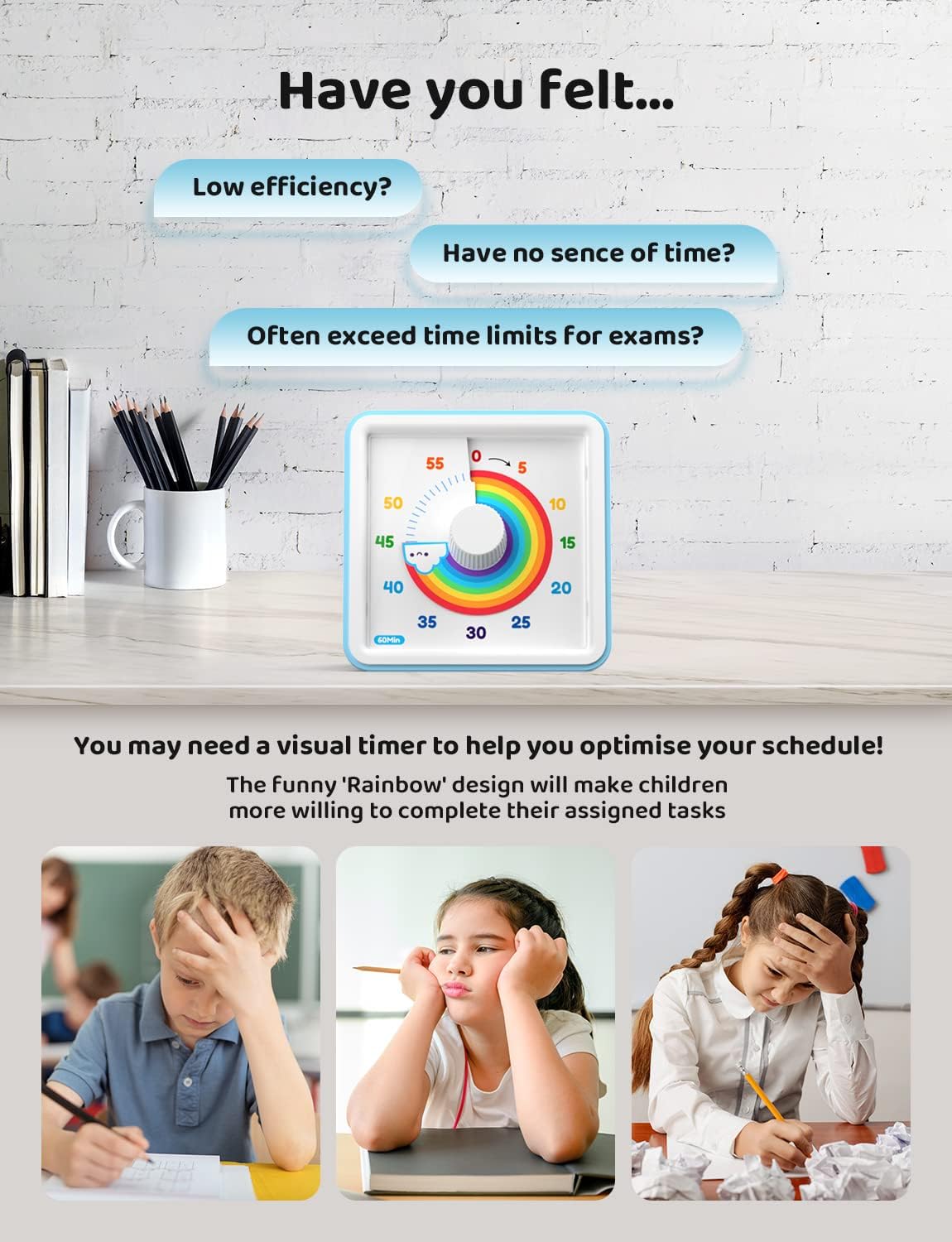 LIORQUE Visual Timer 60 Minute Countdown Timer for Kids Autism with Rainbow Pattern Design, Silent Time Management Tool, No Ticking - Available at All In One Marketplace Canada