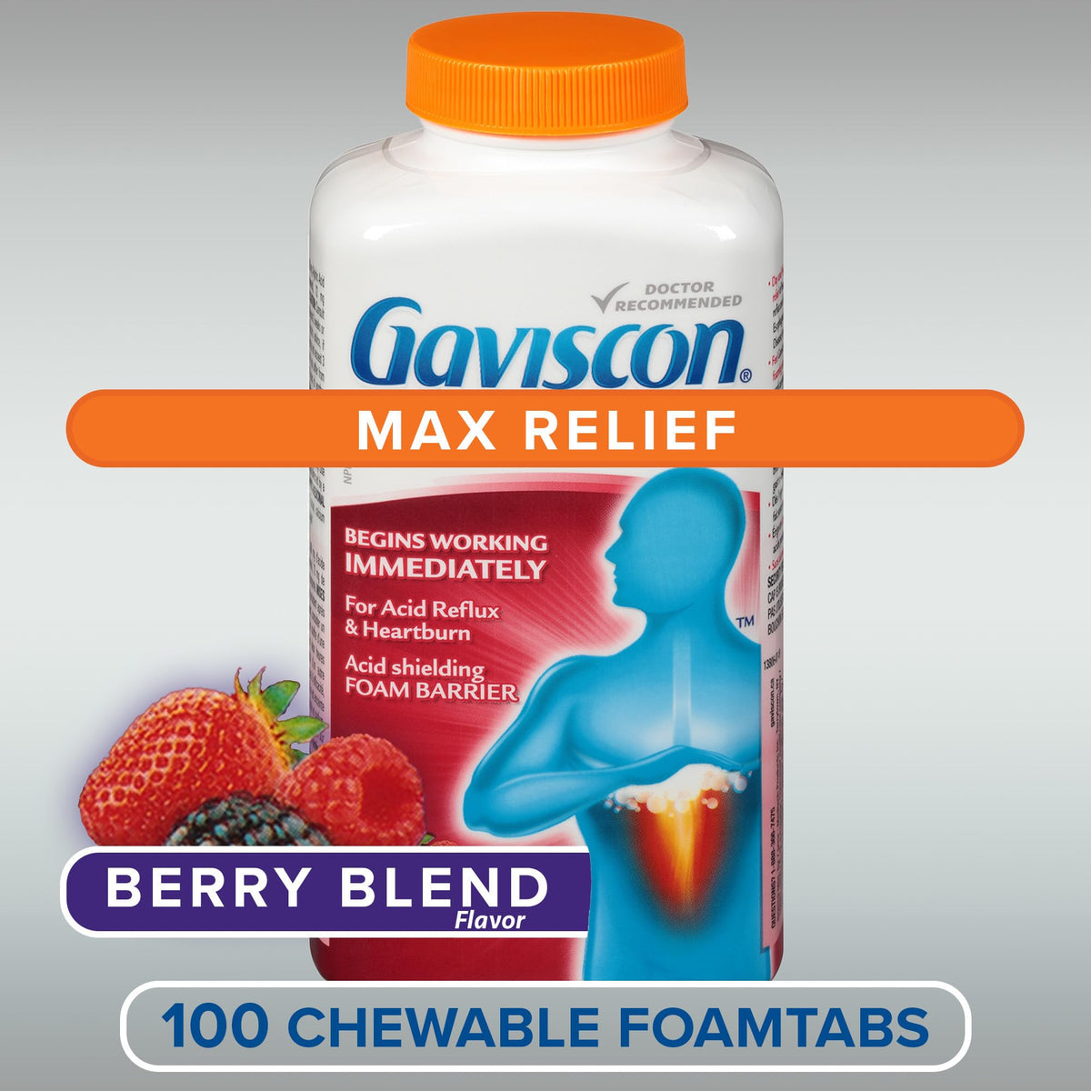 Gaviscon Max Relief Tablets - 100 Count - Chewable Foaming Antacid Tablets for Day and Night Heartburn Relief, Acid Reflux and GERD Relief, Berry Blend - Free of Aluminum, Lactose and Gluten