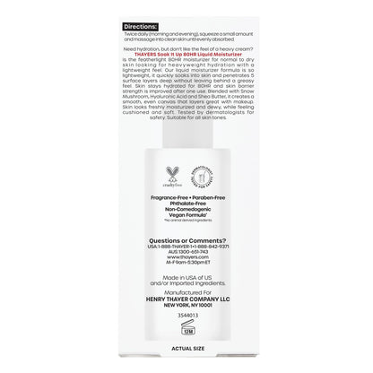 THAYERS Soak It Up 80HR Liquid Moisturizer, with HYALURONIC ACID and Snow Mushroom, Dermatologist Tested Skin Care for Normal to Dry Skin, Lightweight Formula, 75 ml 🍁 All In One Marketplace Canada